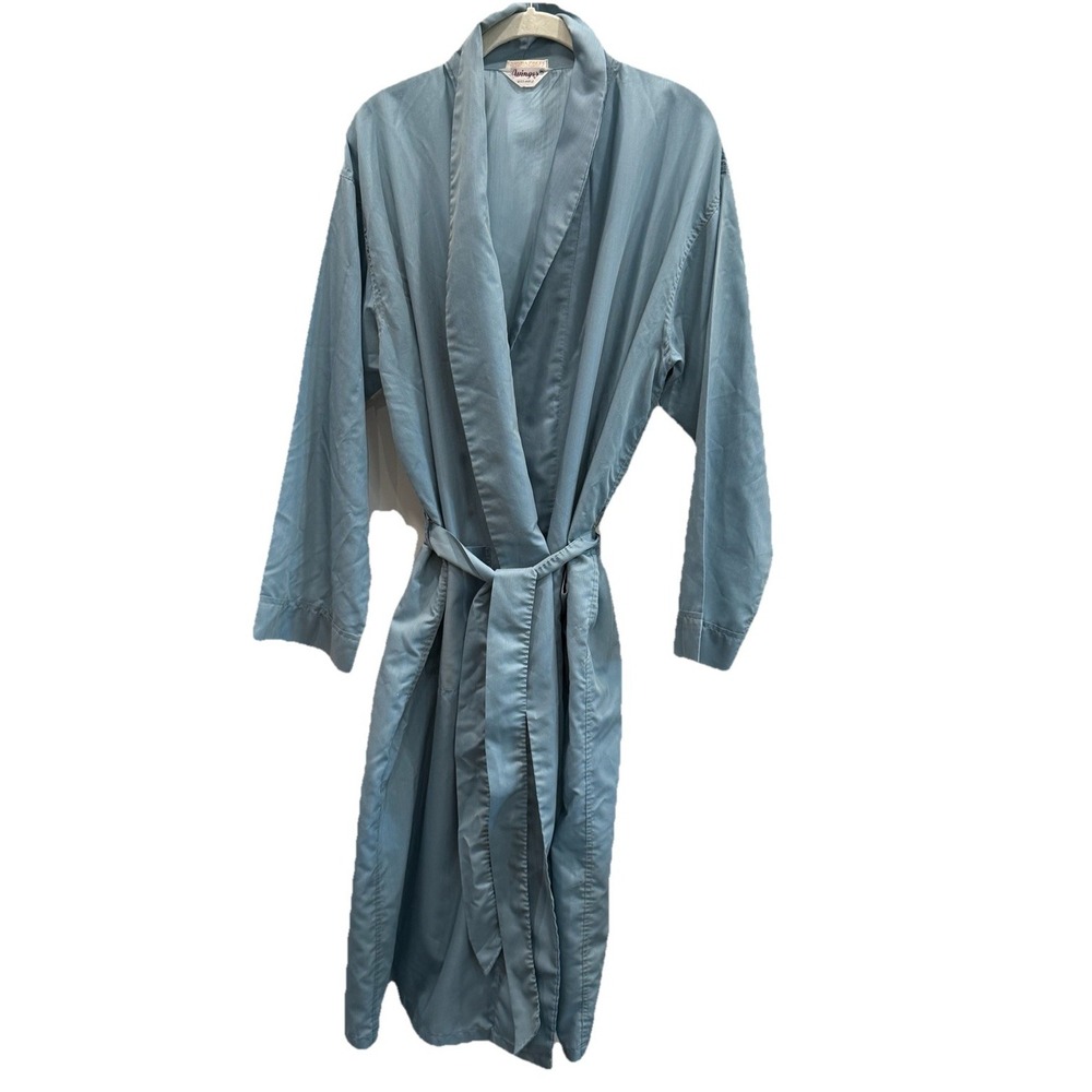 Vtg 70s Wings Endura Press  Robe XL Cerulean Blue Sheer Dacron Blend Lounge